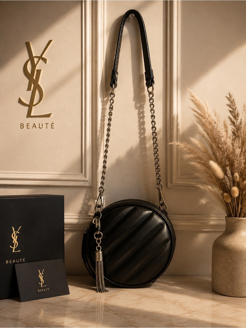 Black Quilted Round Crossbody Bag with Tassel-YSL beaute